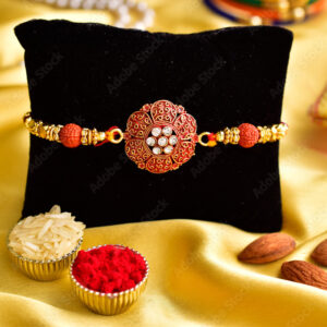 “Designer Moti Rakhi for Brother | Traditional Rakhi with Floral Stone Centerpiece & Rudraksha-Style Beads | Raksha Bandhan Special”