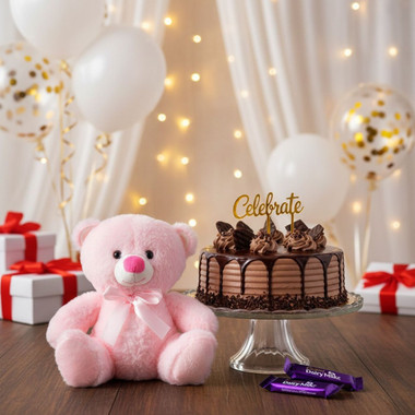 You are currently viewing Mississippi Baked Cake with Pink Teddy, Chocolates & Balloons