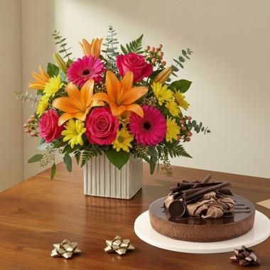 You are currently viewing Assorted Flowers Bouquet With Quad Choc Baked Cake