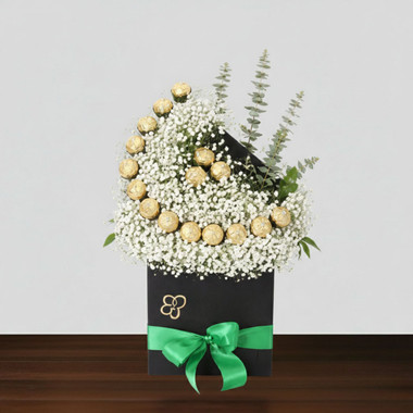 Read more about the article 16 Pcs Ferrero Rocher Chocolate Box with Gypsophila & Eucalyptus – Luxury Black Gift Box