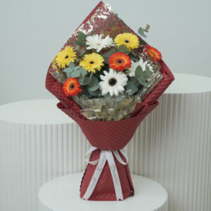 Read more about the article 9 Mixed Gerberas Bouquet (Yellow, White & Orange)