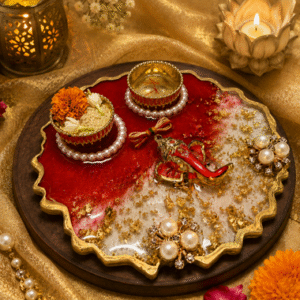 Read more about the article Handcrafted Resin Puja Thali Set with Roli Chawal Bowls & Diya