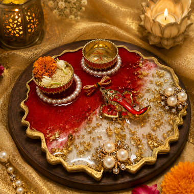 You are currently viewing Handcrafted Resin Puja Thali Set with Roli Chawal Bowls & Diya
