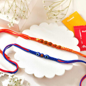 Read more about the article Blue & Orange Evil Eye Beaded Rakhi Set for Brother