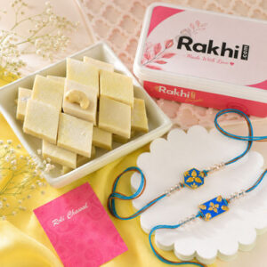 Read more about the article Set of 2 Designer Rakhi With Kaju Katli
