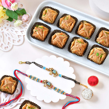 You are currently viewing Royal Elephant Rakhi & Bracelet Combo with Baklawa Sweet