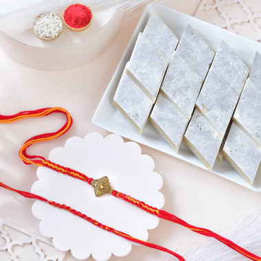 You are currently viewing Traditional Designer Rakhi Set with Kaju Katli