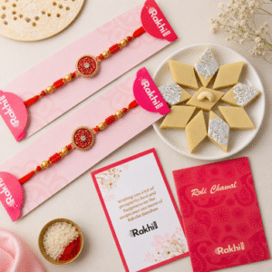 Read more about the article Set of 2 Brother Rakhi with Kaju katli