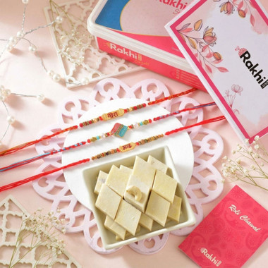 You are currently viewing Set of 3 Brother Rakhi with Kaju katli